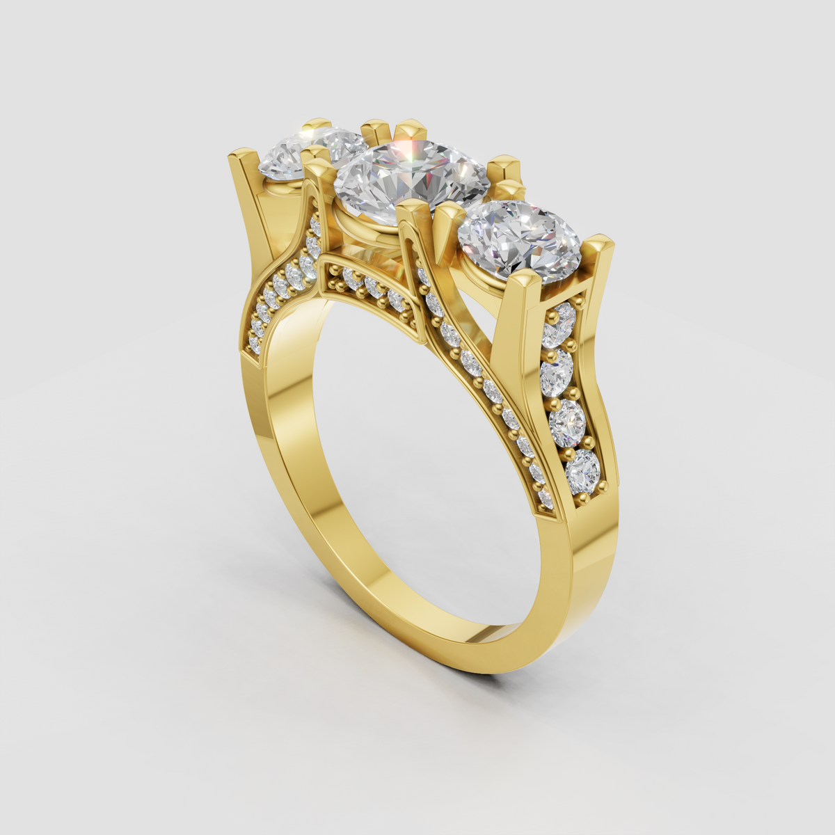 Round brilliant diamond three-stone engagement ring with pavé band