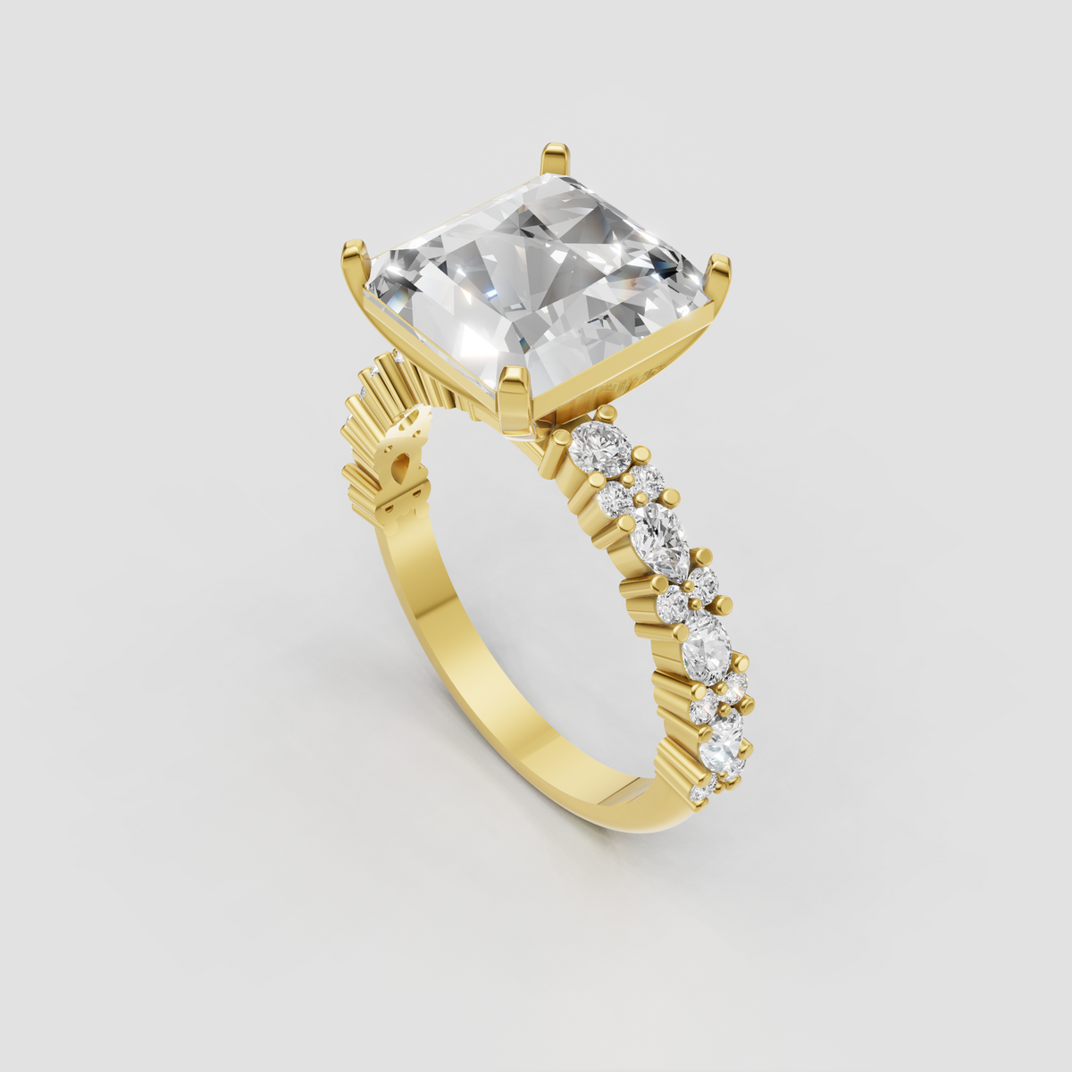 Princess cut center diamond ring with four prong setting and side stones