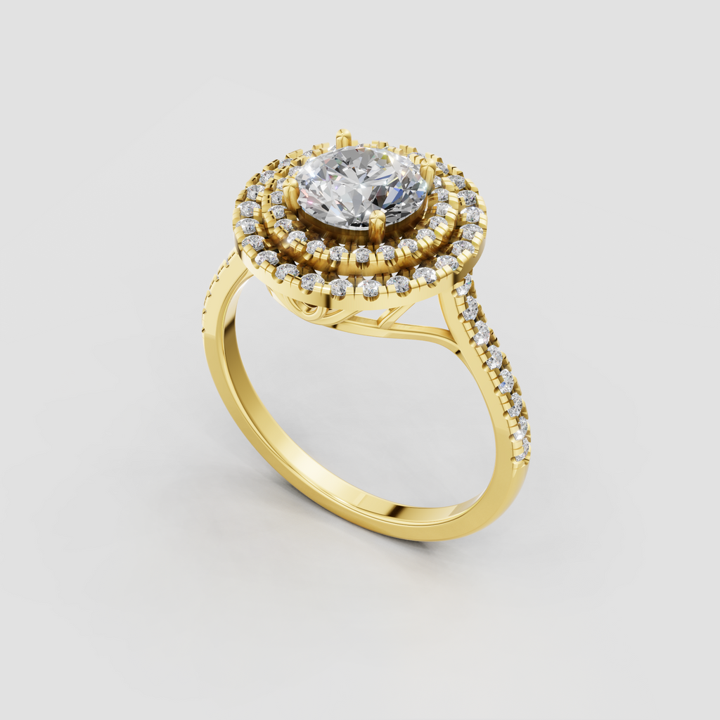 Round diamond engagement ring featuring a double halo setting