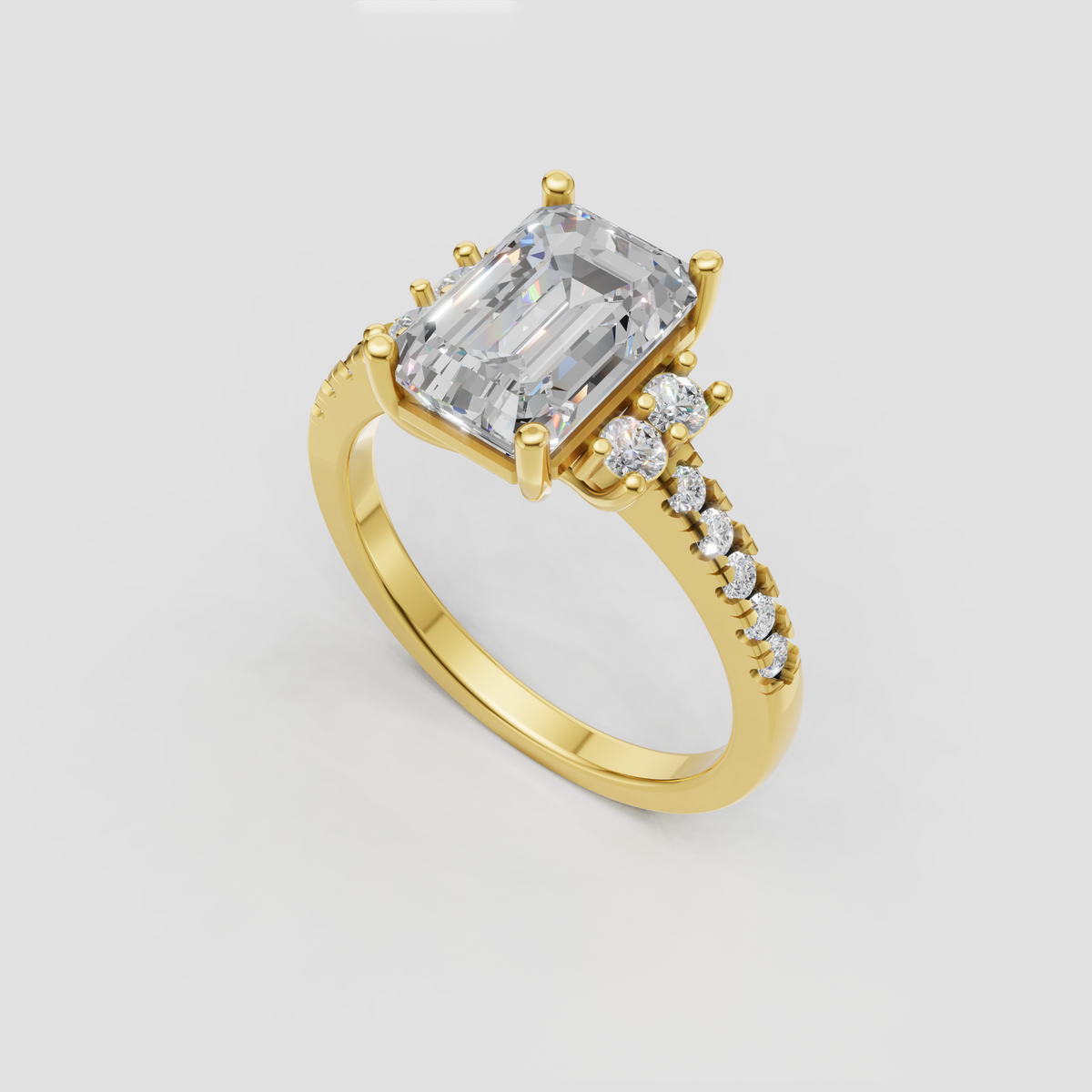 Emerald cut diamond ring with round side stone clusters