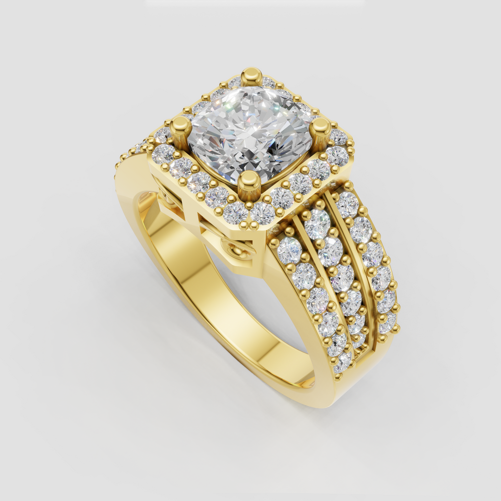 Cushion cut diamond halo engagement ring with pave band