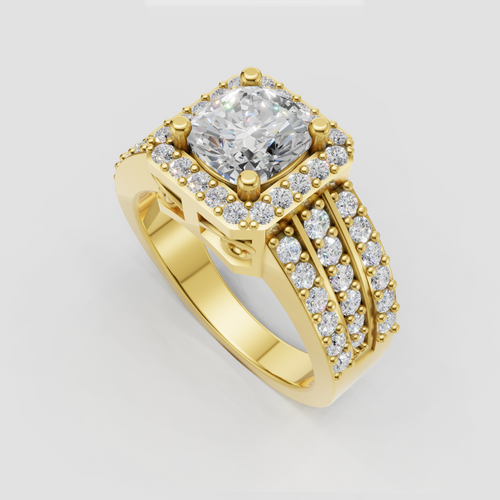 Cushion cut diamond halo engagement ring with pave band