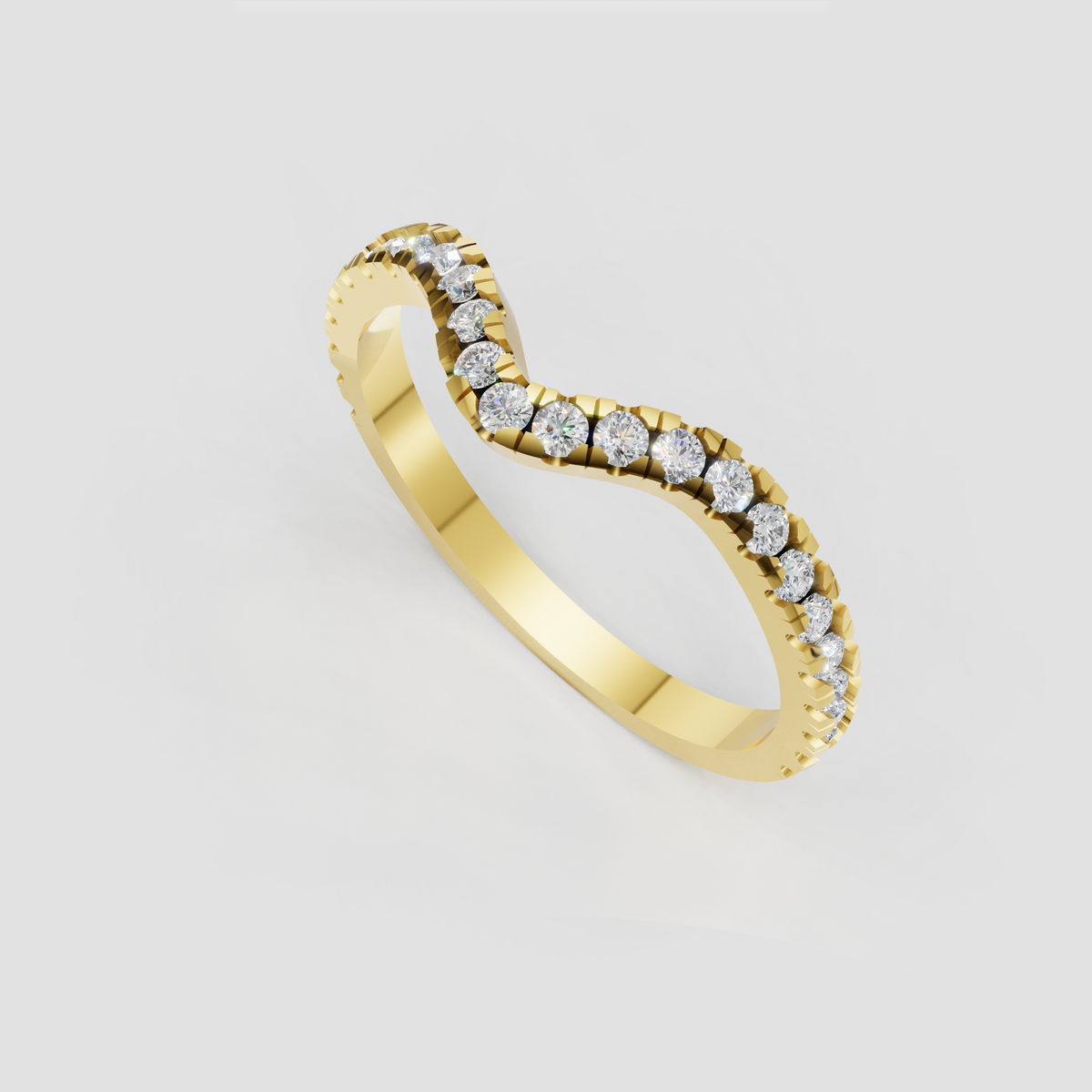 V-shaped round diamond wedding ring with polished yellow gold band