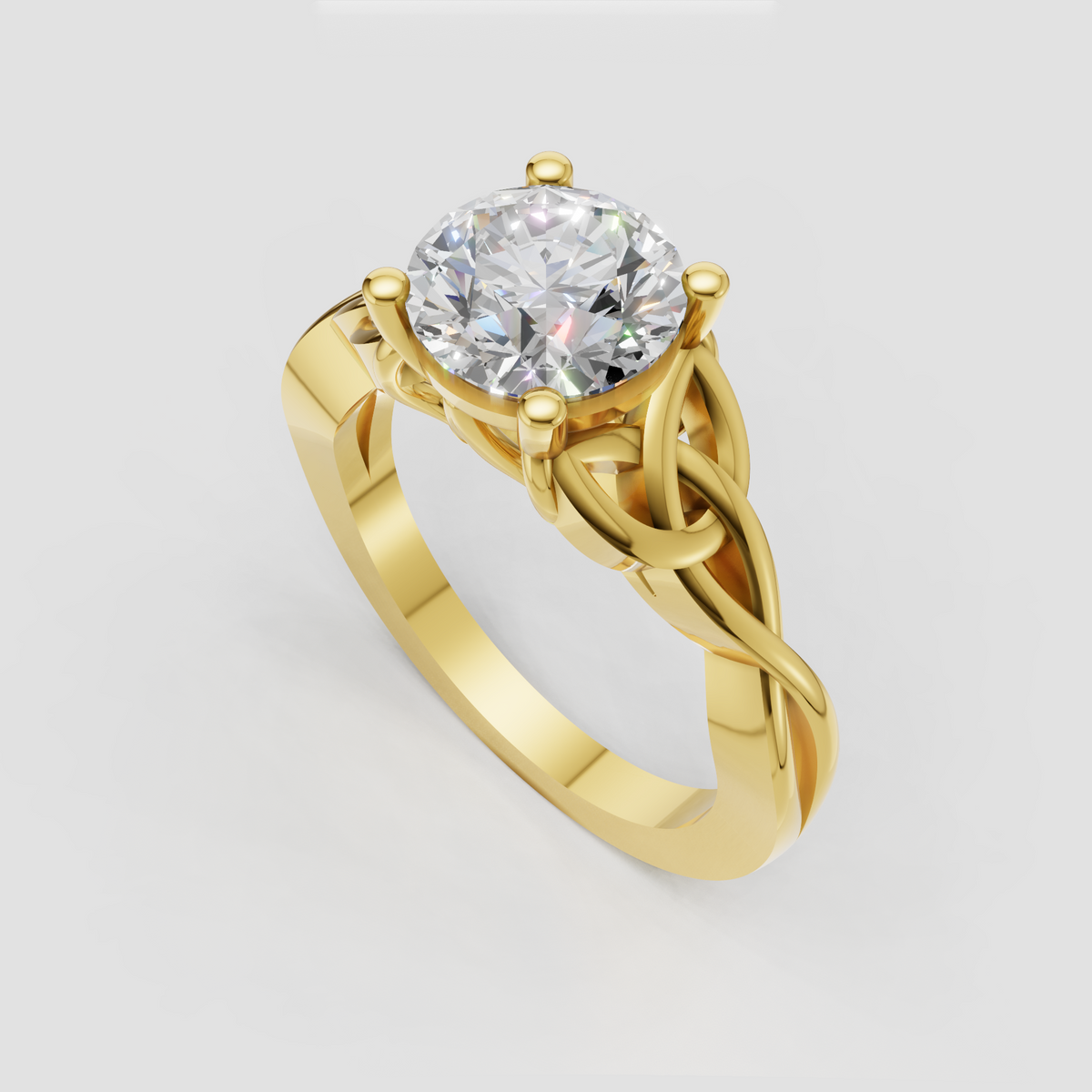 Round diamond ring featuring an ornate sculptural gold band