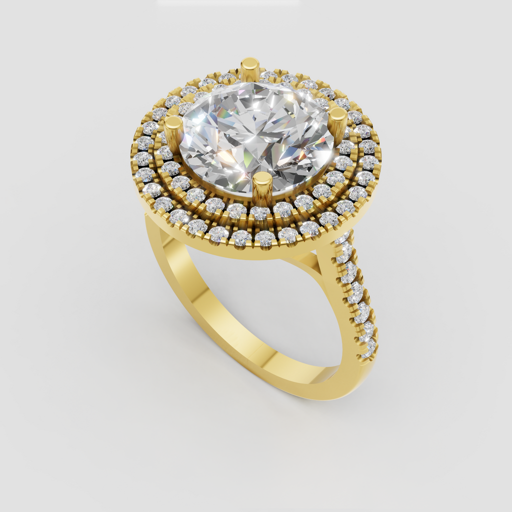 Round brilliant diamond double halo engagement ring with pavé band
