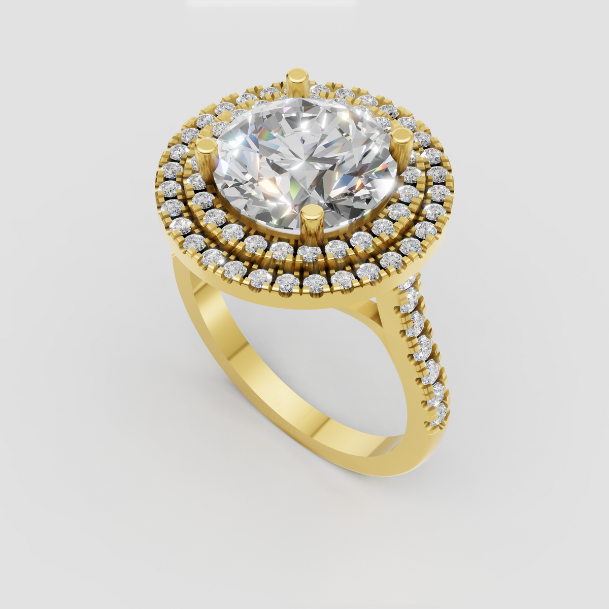 Round brilliant diamond double halo engagement ring with pavé band