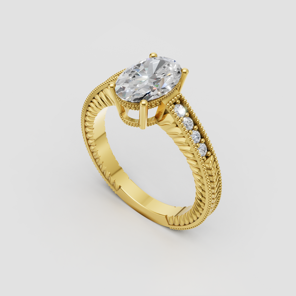 Oval diamond engagement ring featuring ornate vintage-inspired yellow gold band