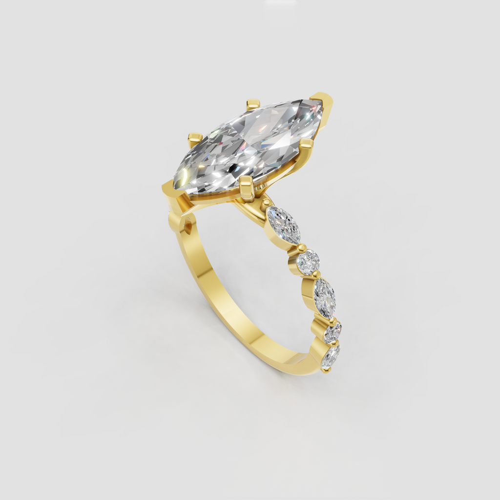 Elegant marquise diamond engagement ring with alternating round and marquise side stones.