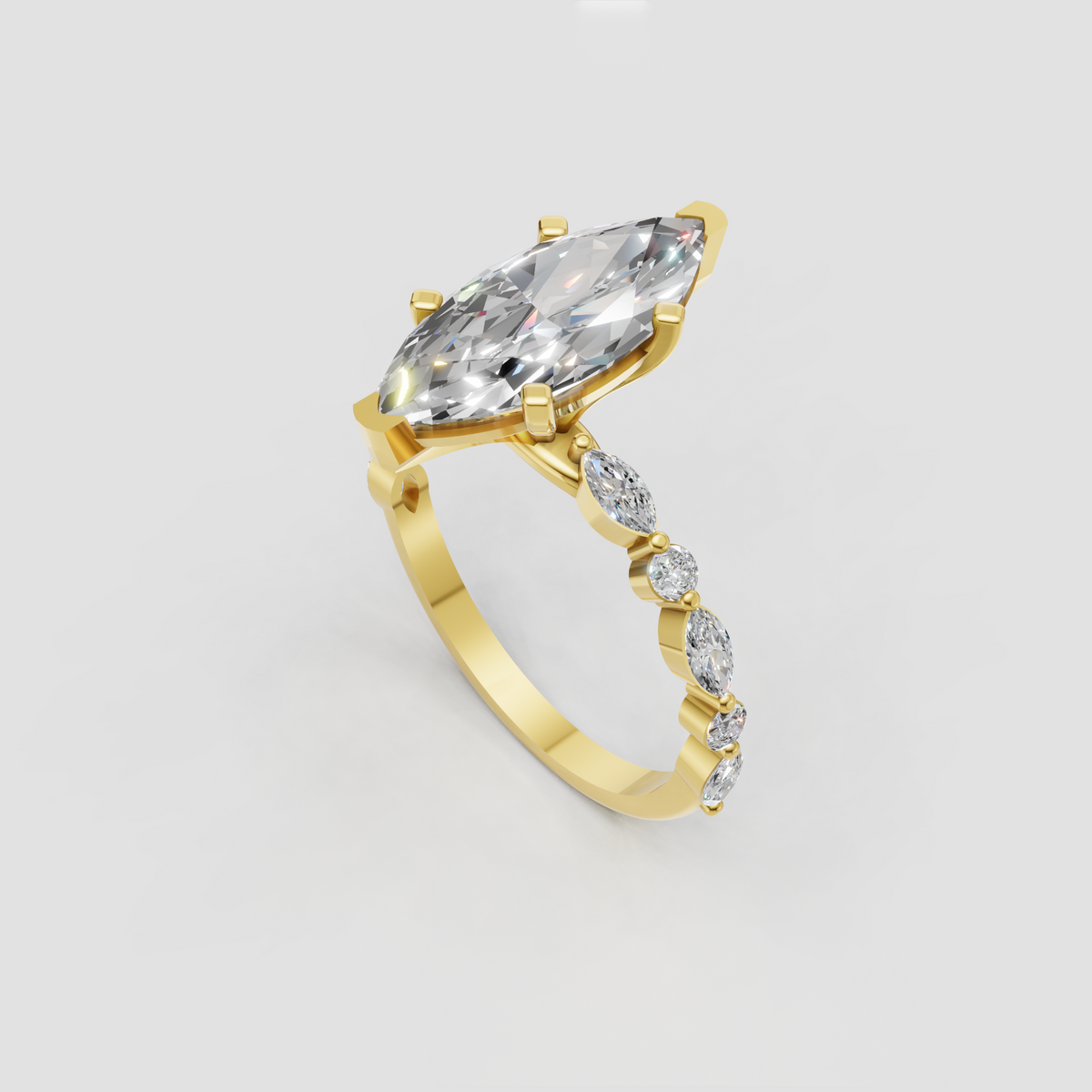 Elegant marquise diamond engagement ring with alternating round and marquise side stones.