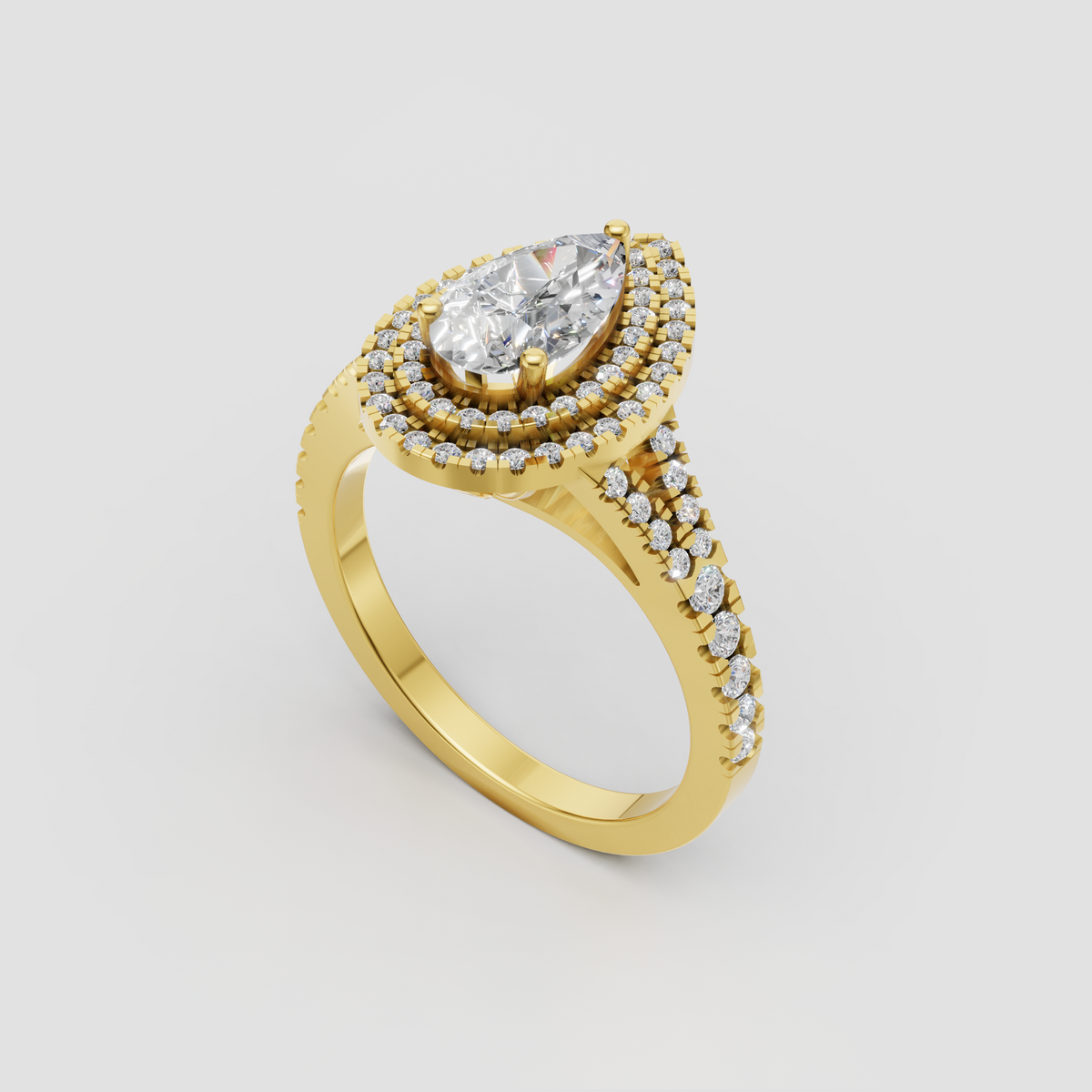 Pear shaped diamond ring with triple halo setting