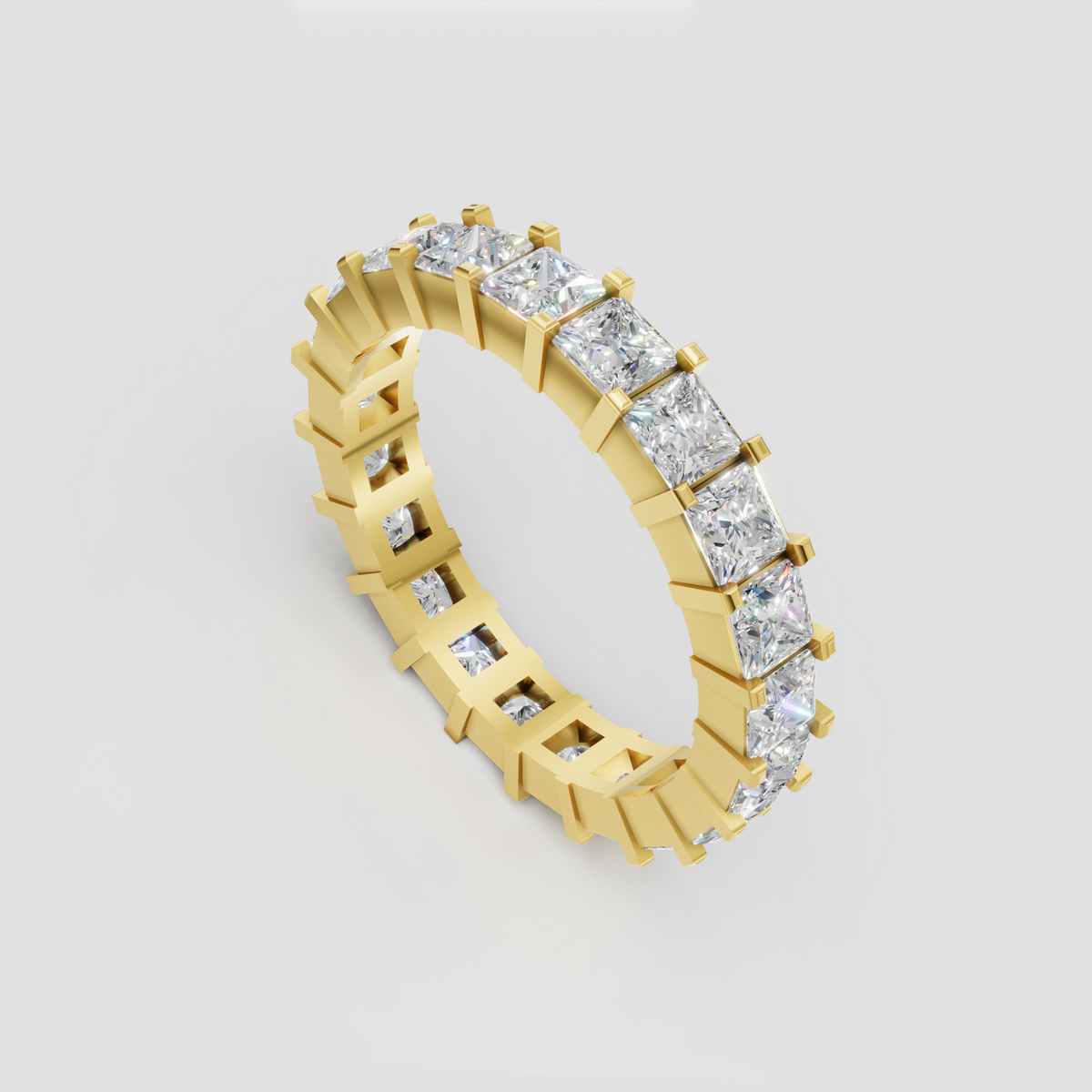 Princess cut diamond eternity ring featuring square-cut stones around the band