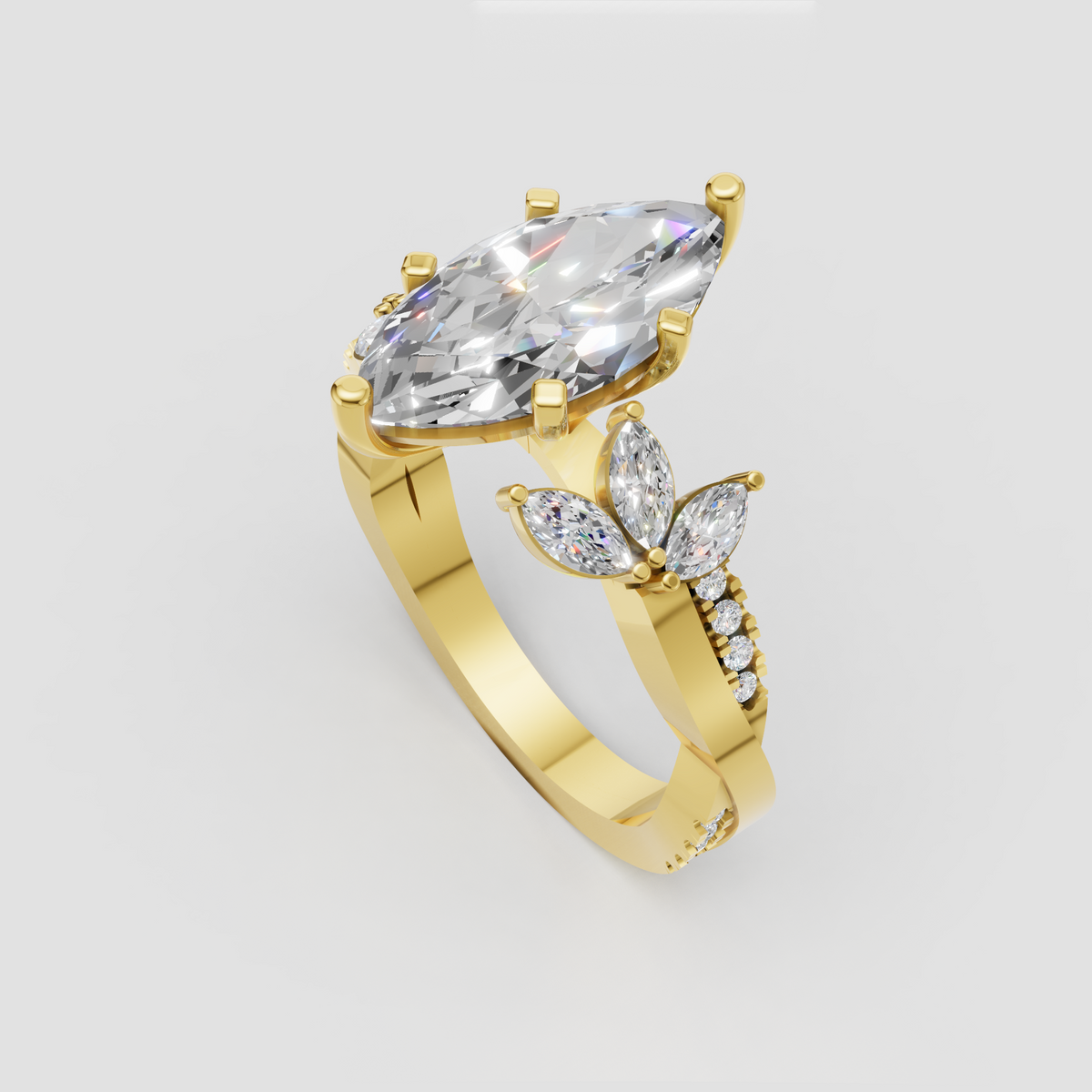 Marquise cut diamond engagement ring with floral side stones