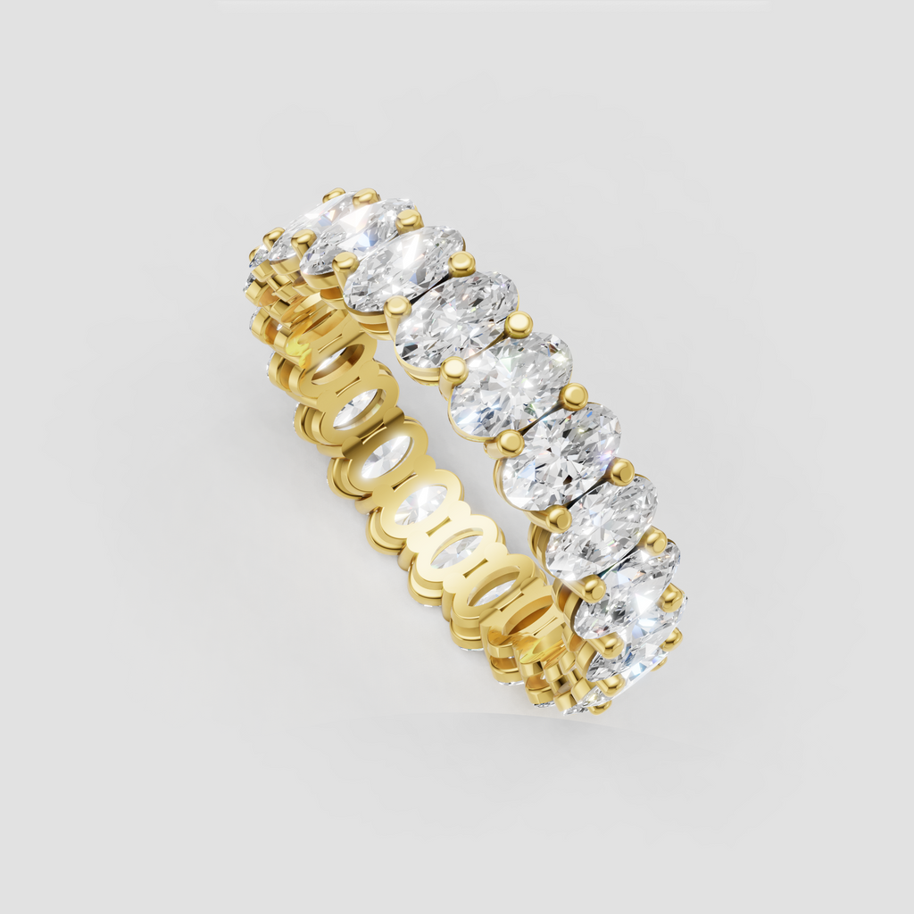 Oval diamond full eternity ring with four prong settings