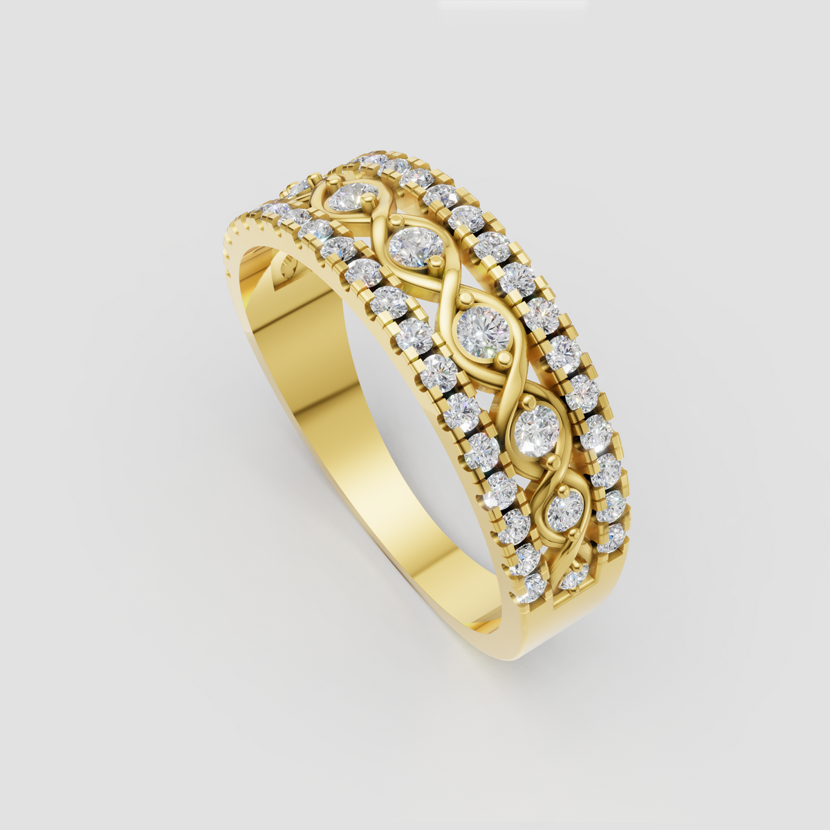 Round diamond eternity band with intricate gold infinity design