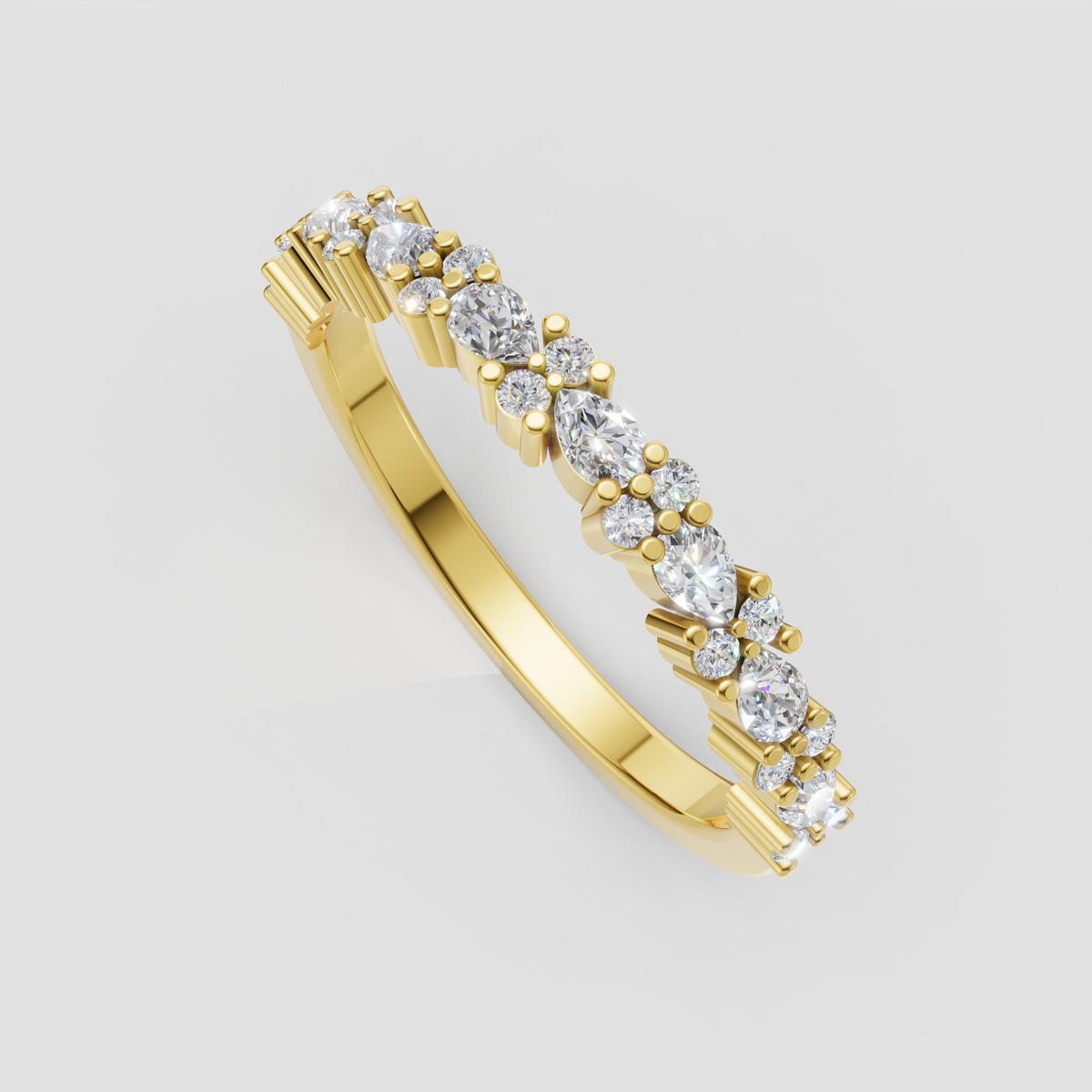 Yellow gold round and pear diamond half eternity wedding band