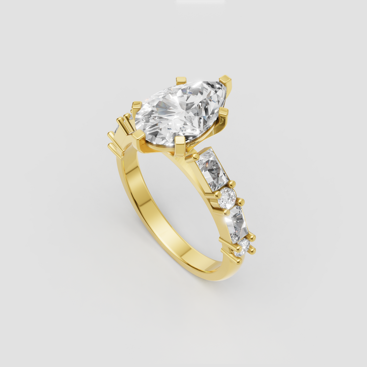 Pear shaped diamond ring with round and baguette accent stones