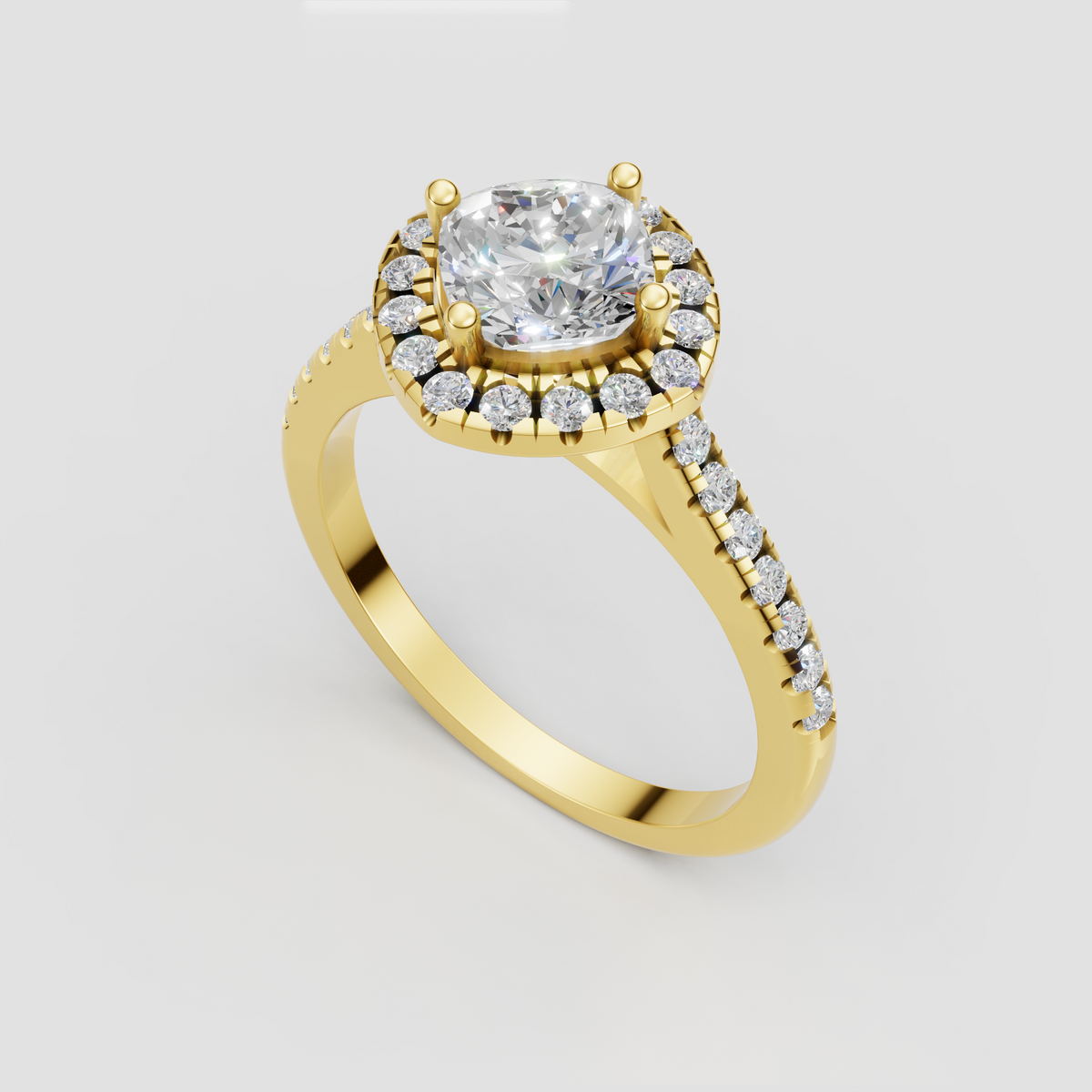 Cushion cut diamond ring featuring a full round stone halo and pavé band