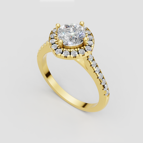 Cushion cut diamond ring featuring a full round stone halo and pavé band