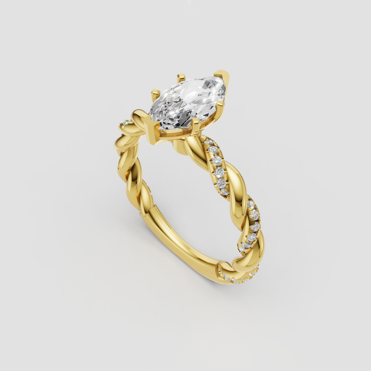 Marquise diamond solitaire ring with multi-prong setting and vine band