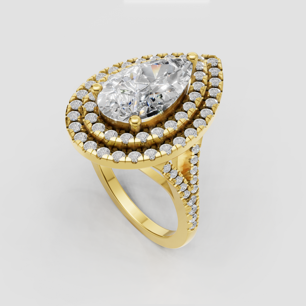 Pear shaped diamond ring with double halo and pavé split shank