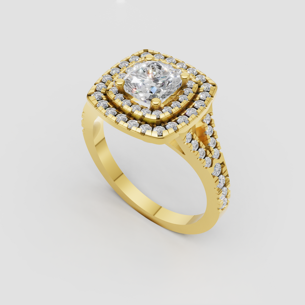 Cushion cut diamond ring with three concentric halos and yellow gold setting