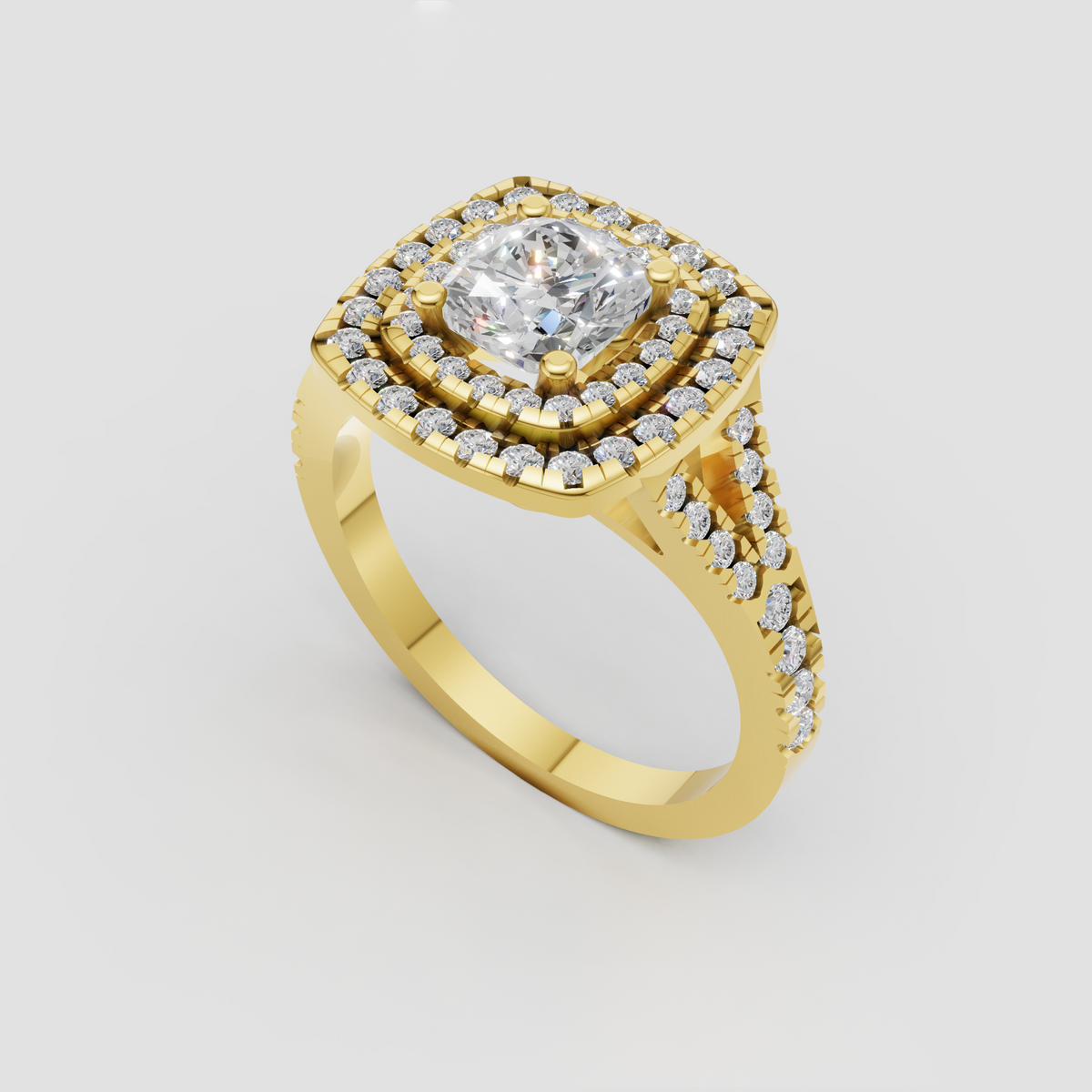 Cushion cut diamond ring with three concentric halos and yellow gold setting