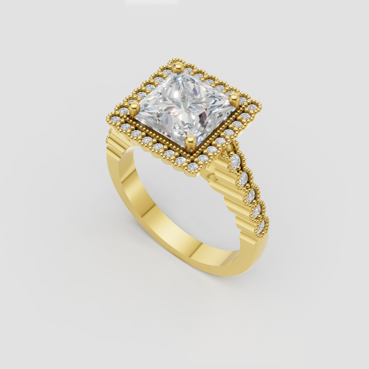 Square diamond engagement ring with double halo and vintage milgrain accents