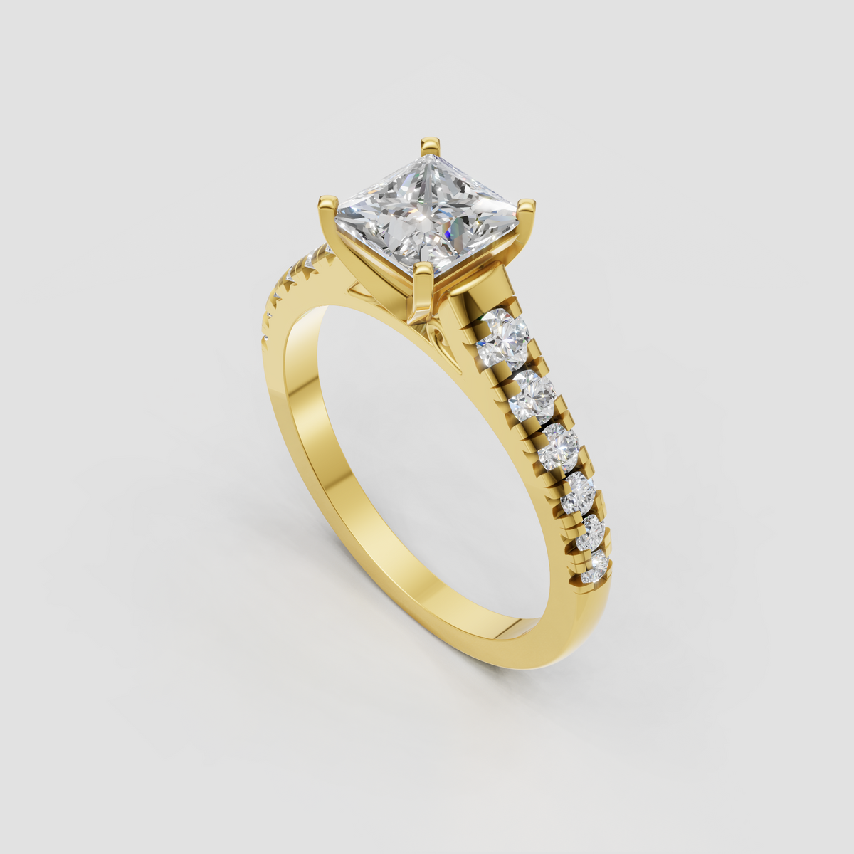 Square princess cut diamond ring with round side stones