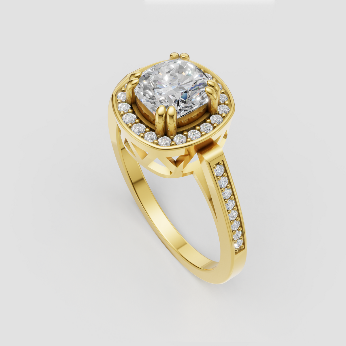 Cushion cut halo engagement ring with pavé band