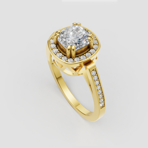 Cushion cut halo engagement ring with pavé band