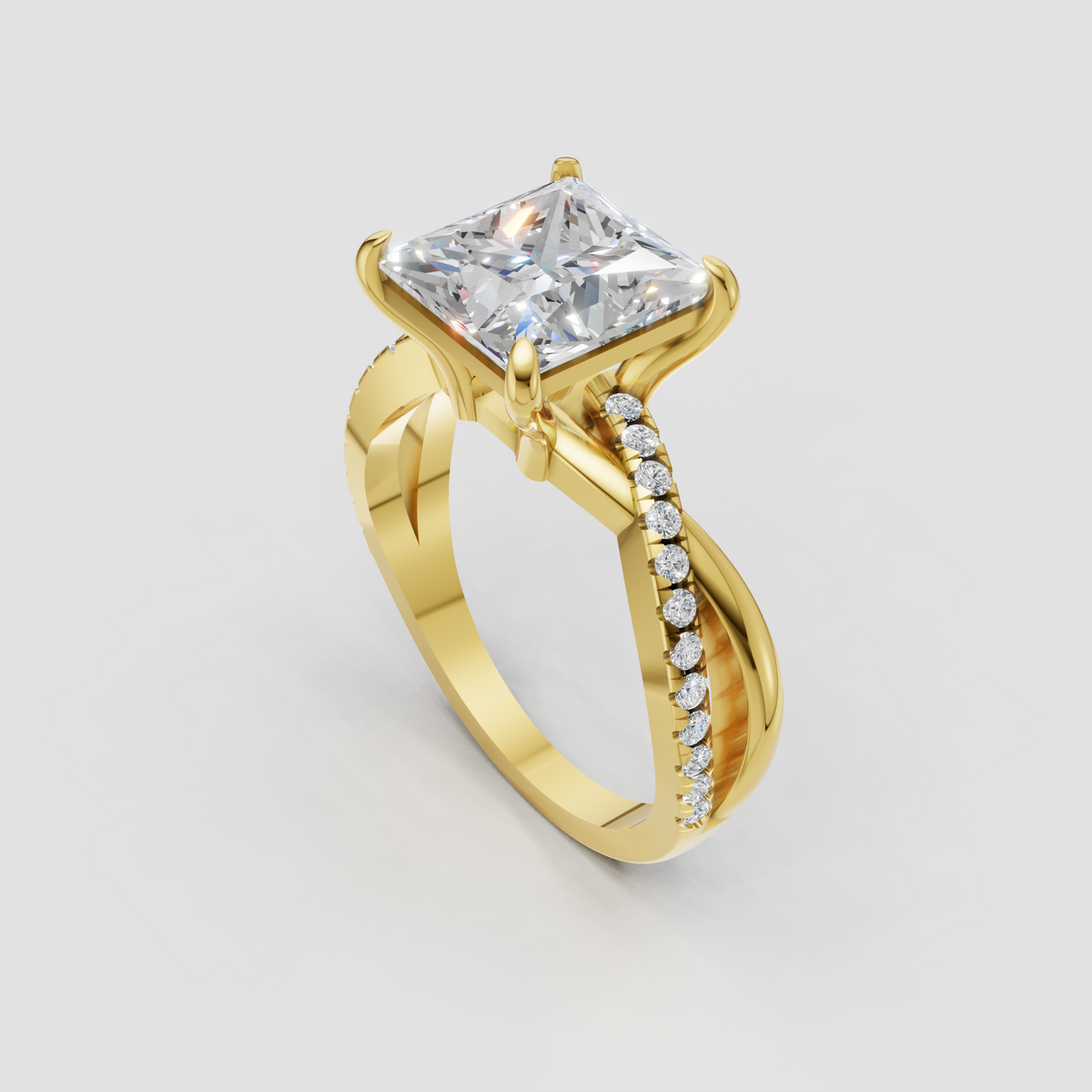 Princess cut diamond four-prong engagement ring with accent stones