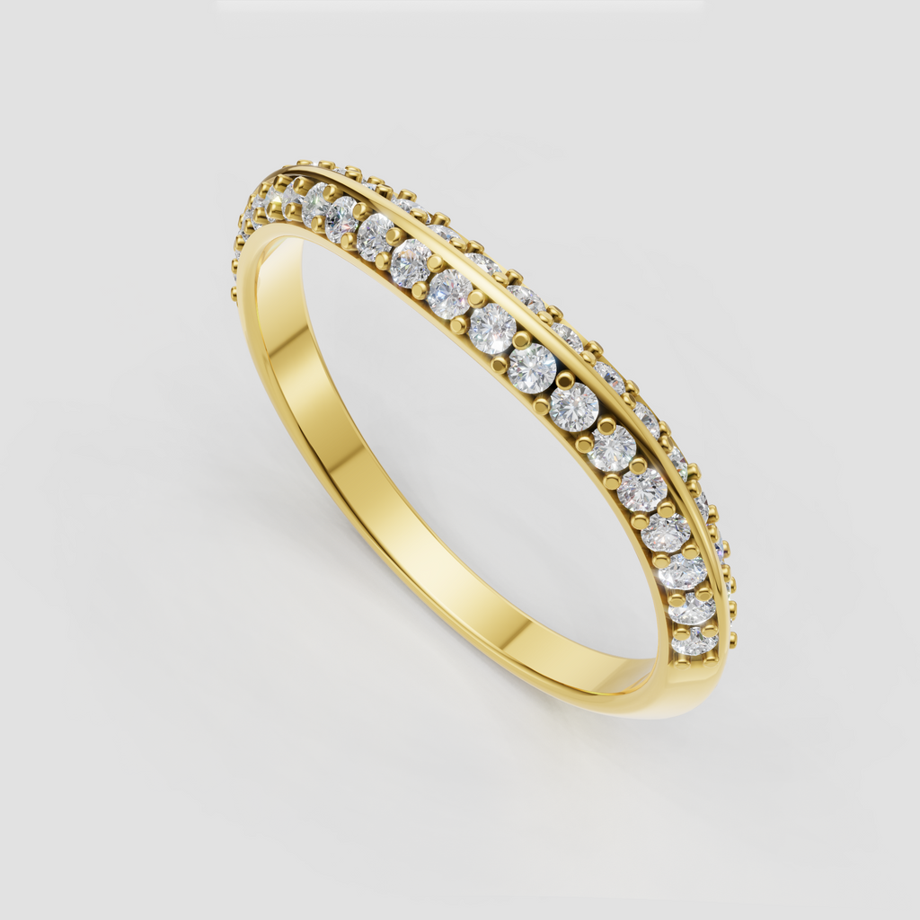 14K gold curved wedding band with round diamonds