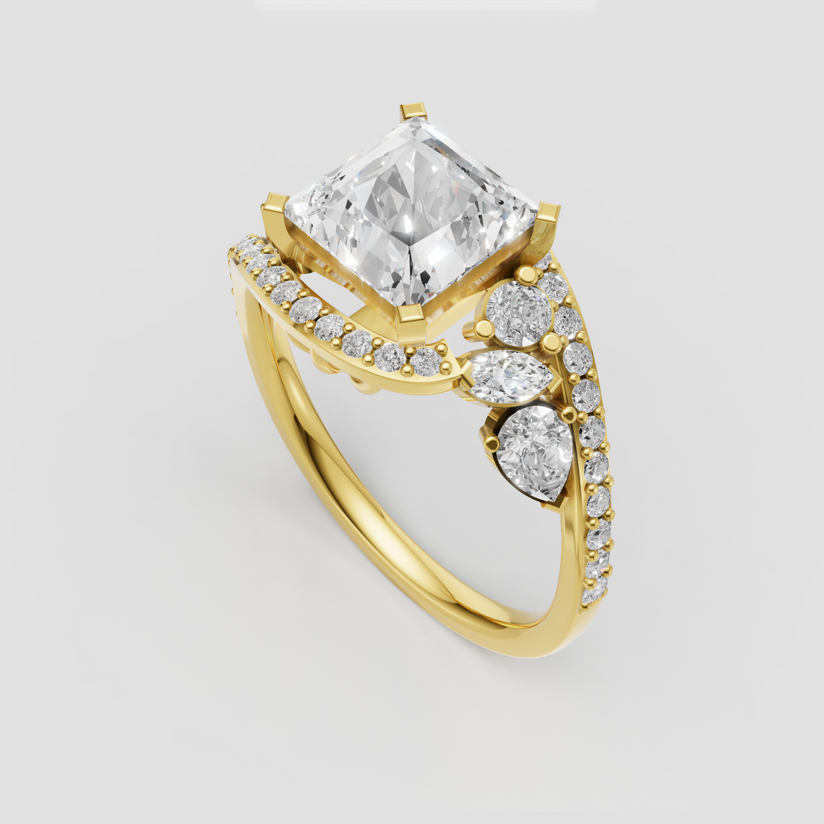 Princess cut diamond bypass ring with floral inspired diamond cluster