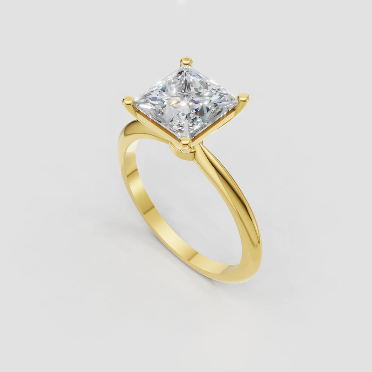 Princess cut diamond solitaire ring featuring a square center stone and smooth polished band