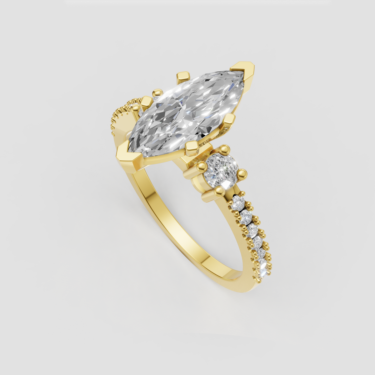 Elegant marquise diamond ring with pave band and round side stones