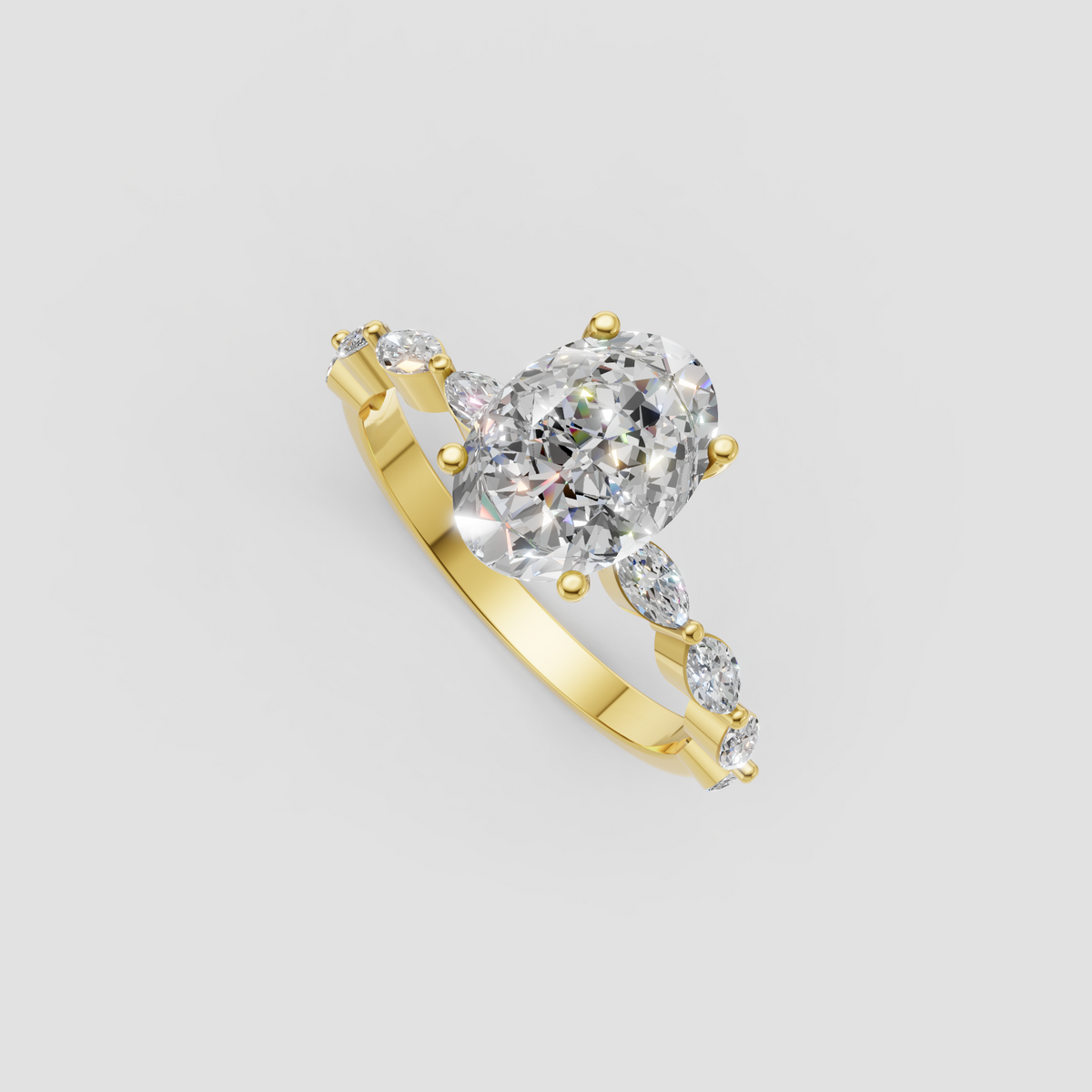 Oval cut diamond engagement ring with round and marquise accents