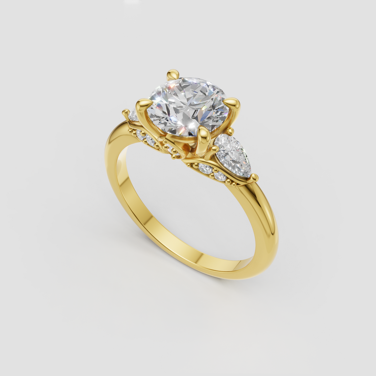Round diamond engagement ring with sparkling side stones and botanical details