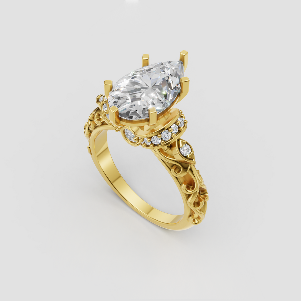 Pear shaped diamond engagement ring with ornate vintage filigree setting