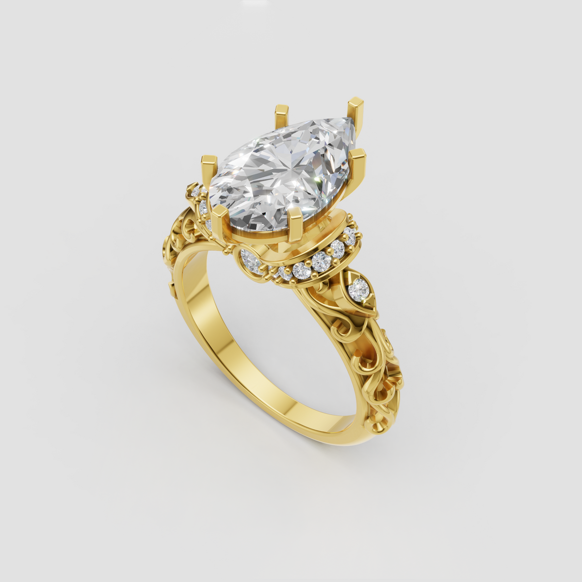 Pear shaped diamond engagement ring with ornate vintage filigree setting