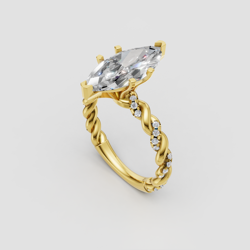 Marquise diamond engagement ring with twisted vine pavé band