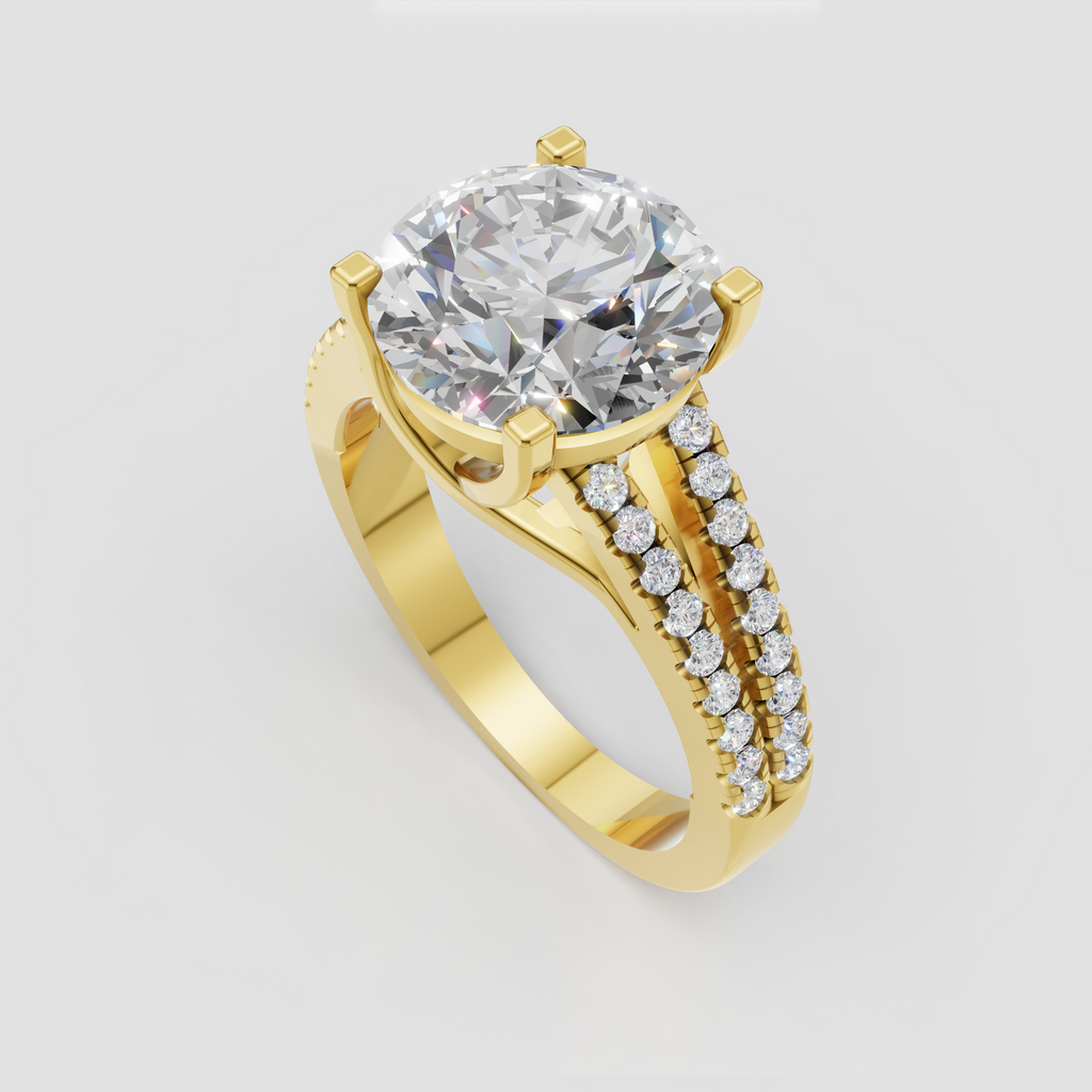 Round diamond ring featuring a crossover basket setting and pavé split shank