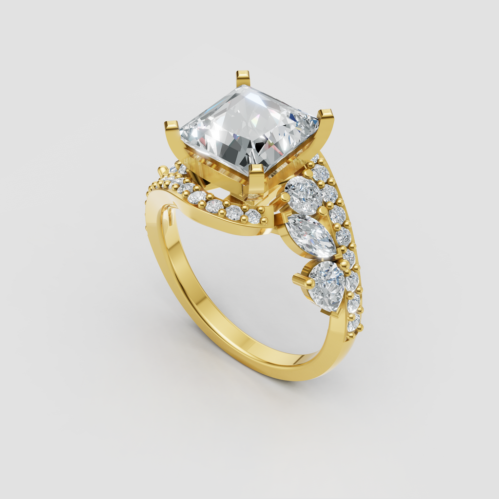 Princess diamond engagement ring with round double halo and pear side stones