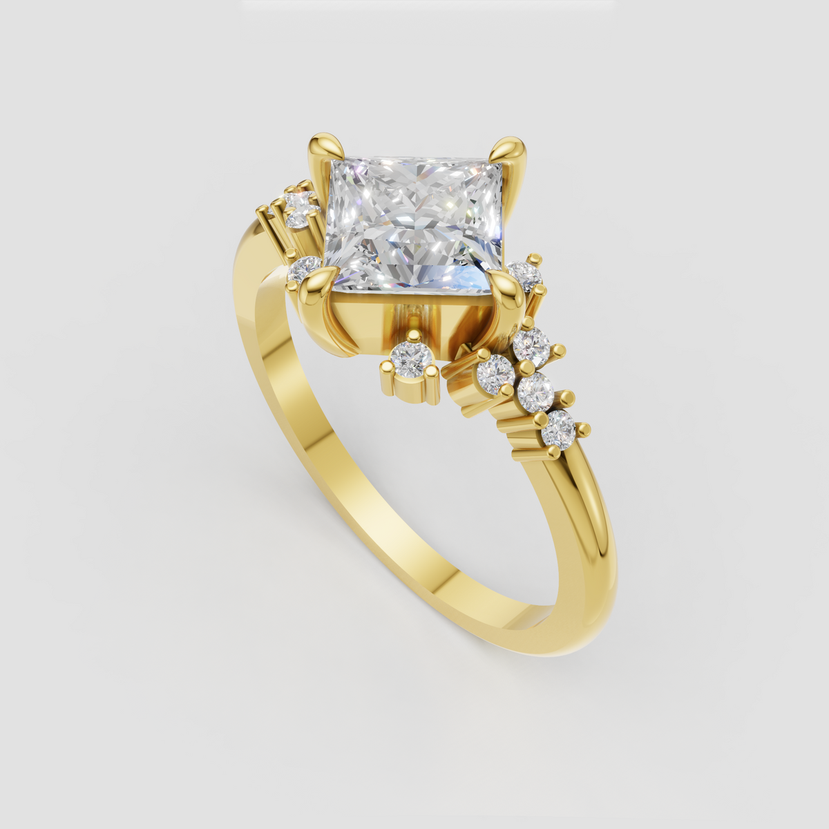 Princess cut engagement ring with floral-inspired side stones