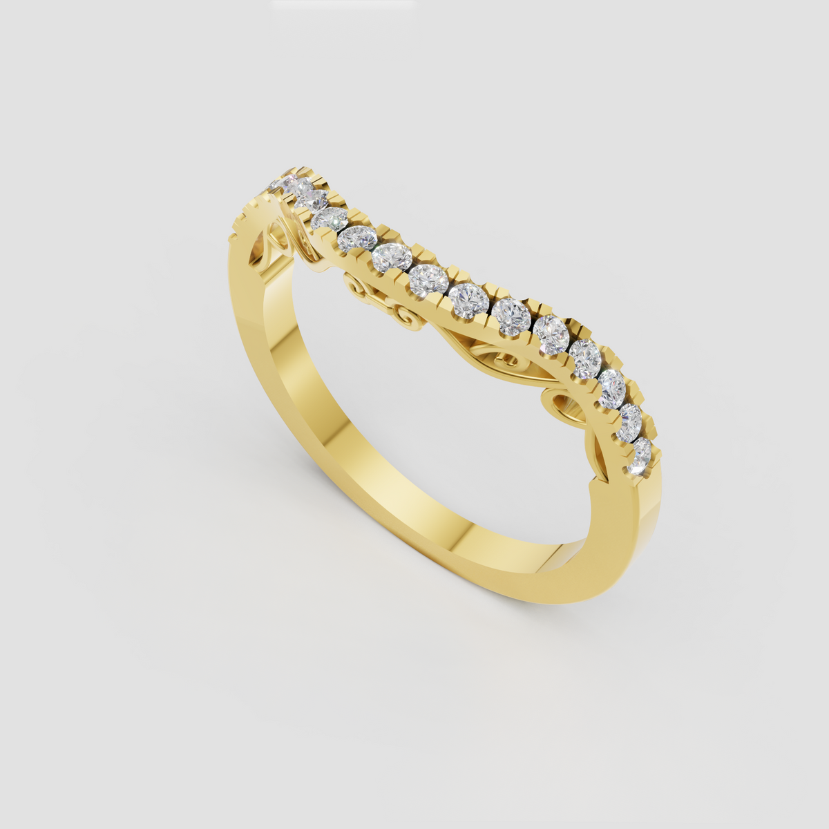 Yellow gold round diamond half eternity wedding band with vintage filigree