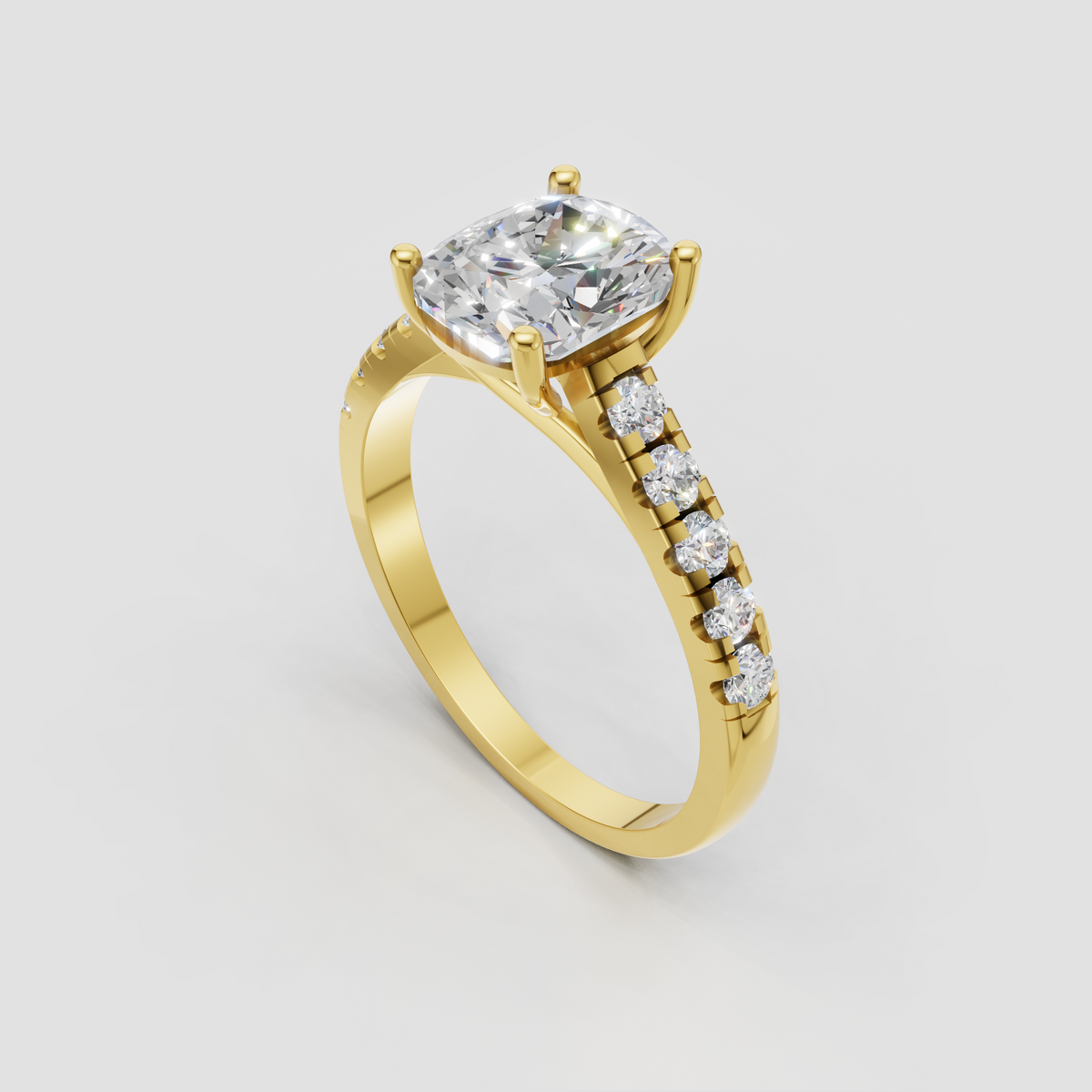 Elongated cushion diamond ring with pavé band