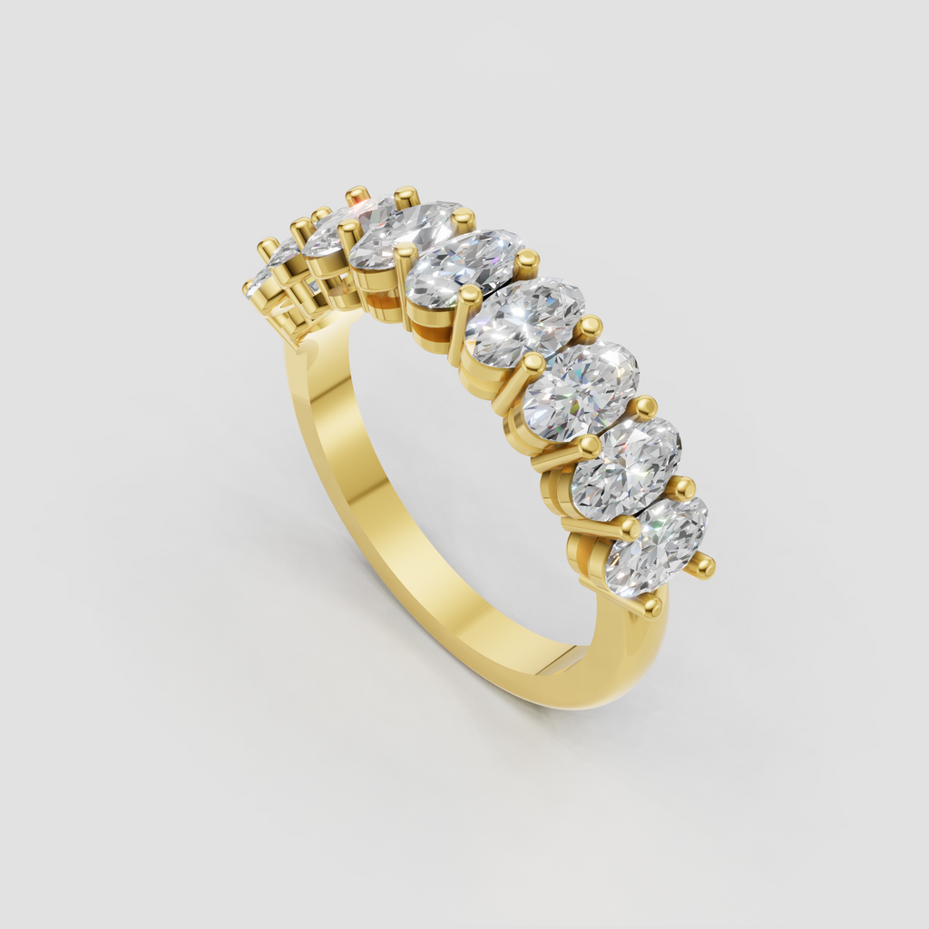 Yellow gold oval diamond eternity ring with elegant shared prong detailing