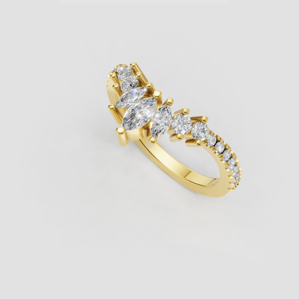 Curved marquise and round diamond wedding band with prong setting