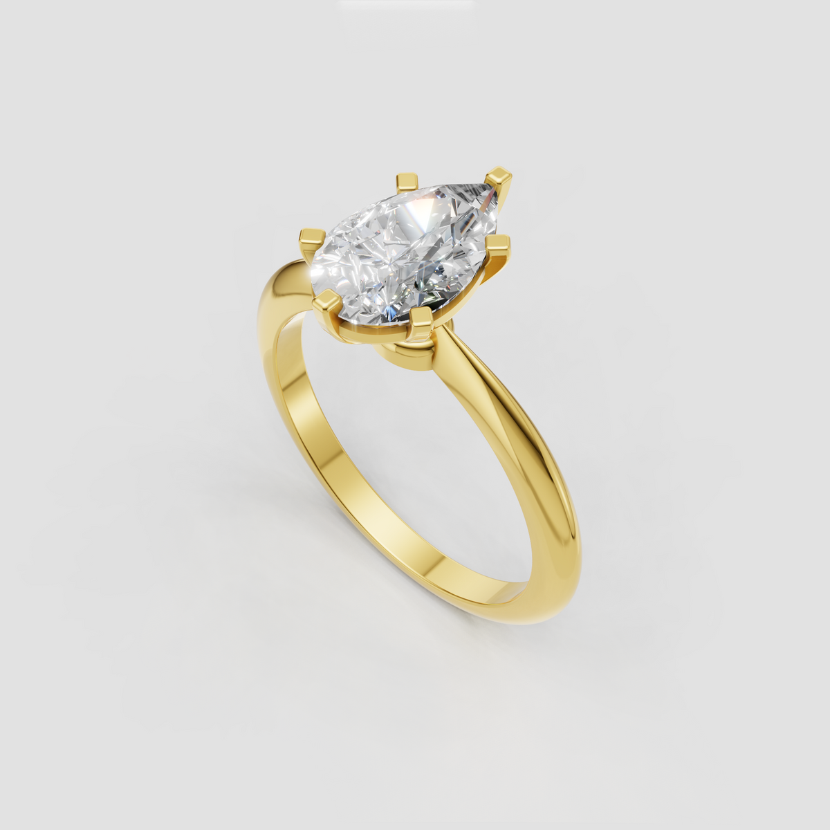Front view of pear diamond cathedral engagement ring with six prongs