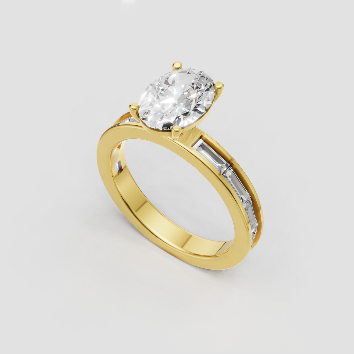 Oval cut diamond engagement ring with channel set baguette diamonds