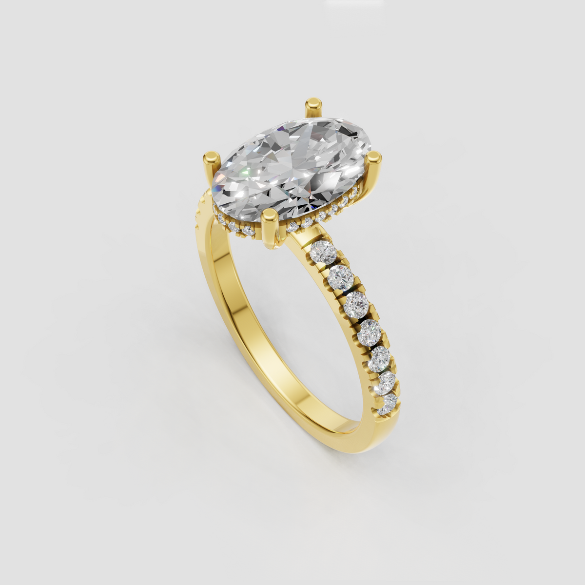 Oval diamond engagement ring with concealed halo and pavé band